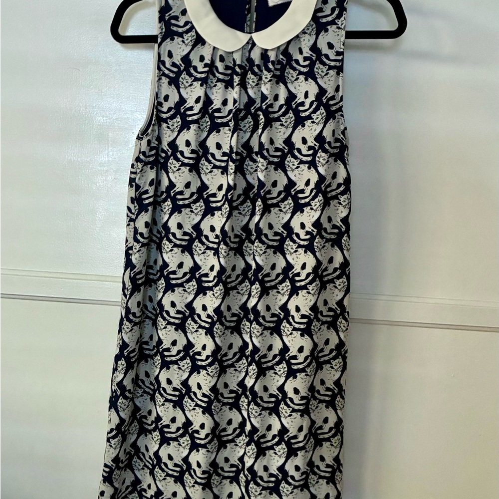 Cat Sleeveless Navy Pattern White Print Shift Dress Kitty Anthropologie